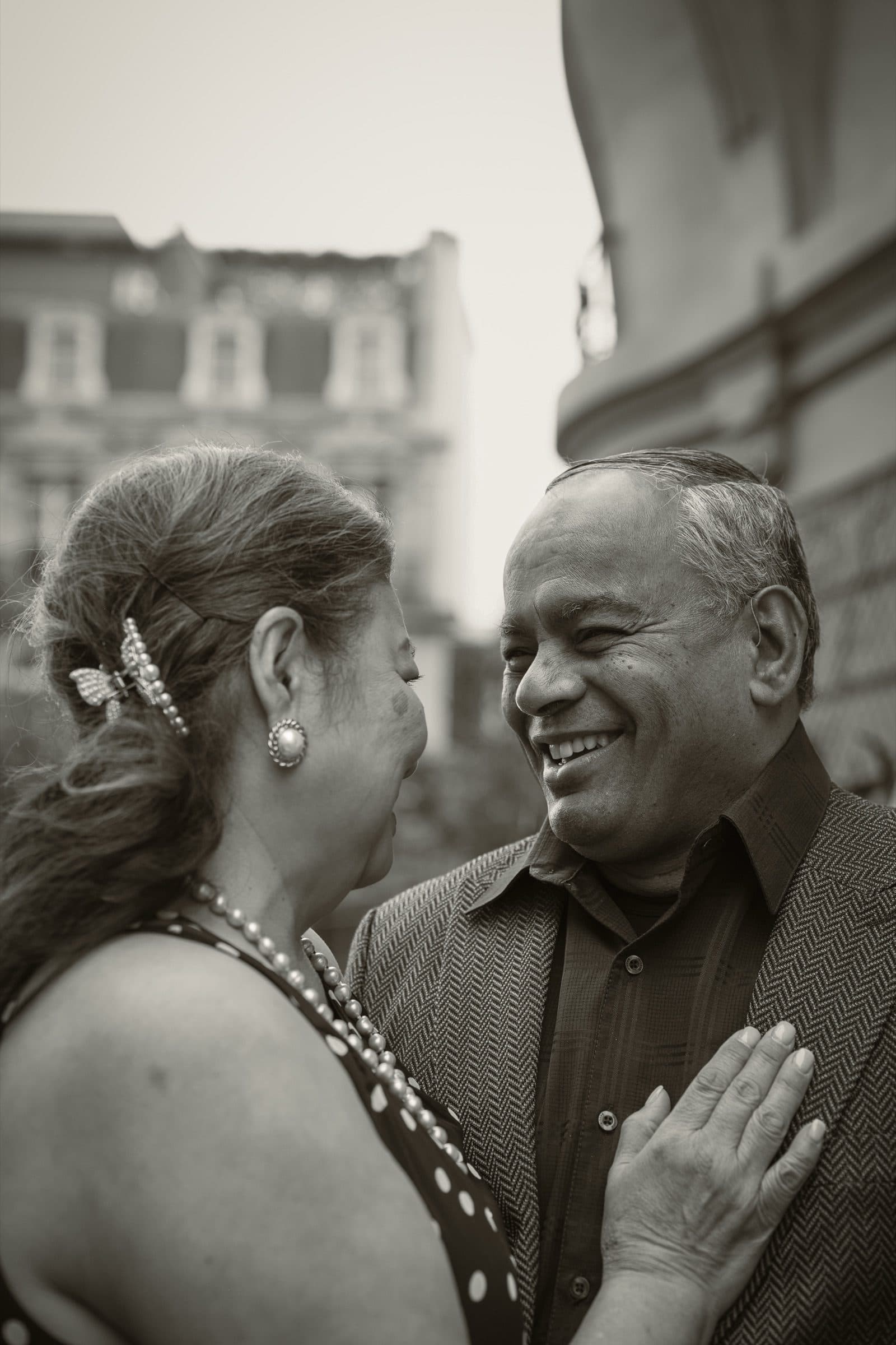 A couple in a black-and-white portrait, on Avenue de Camoëns