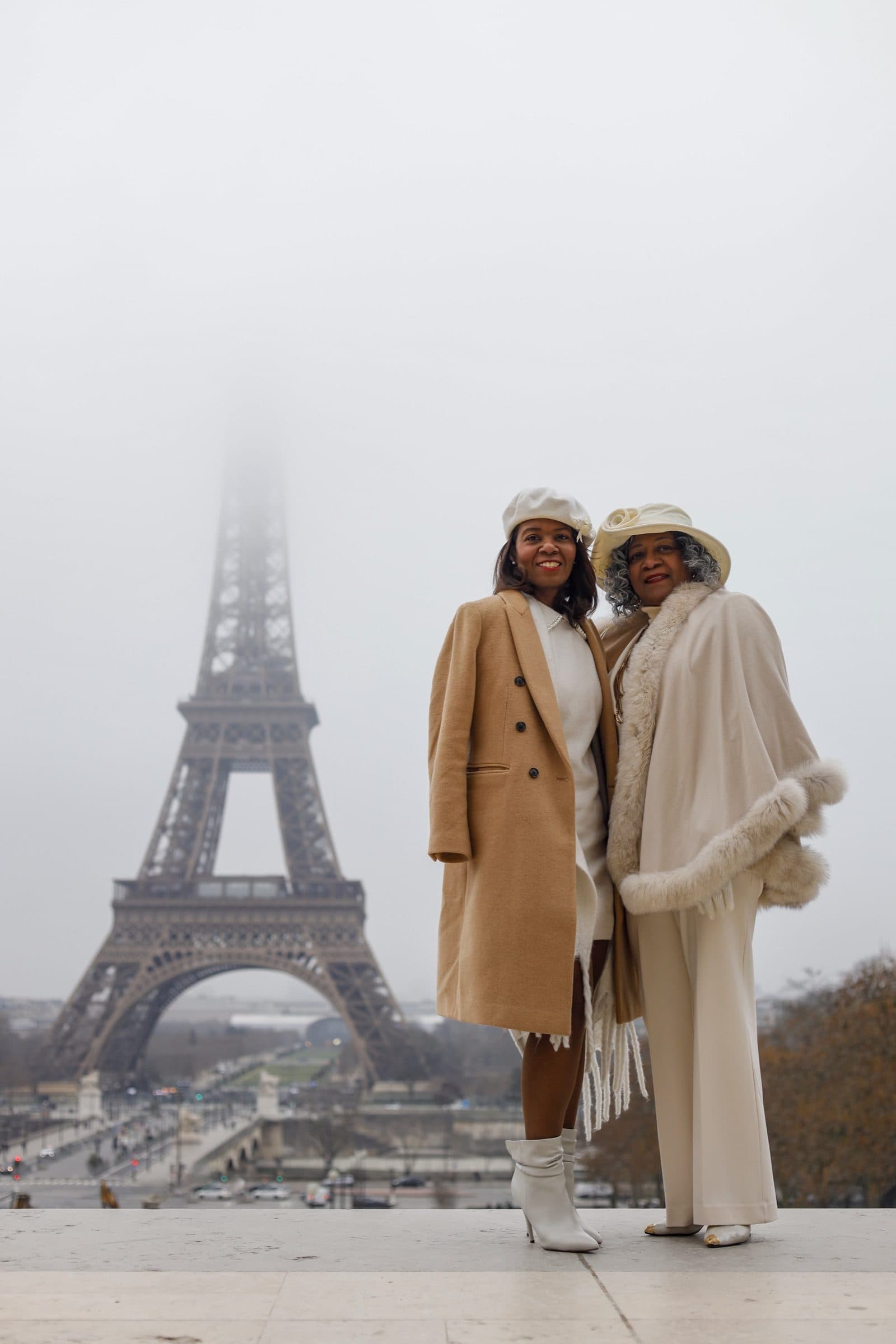 A family photographed at Trocadéro at sunrise