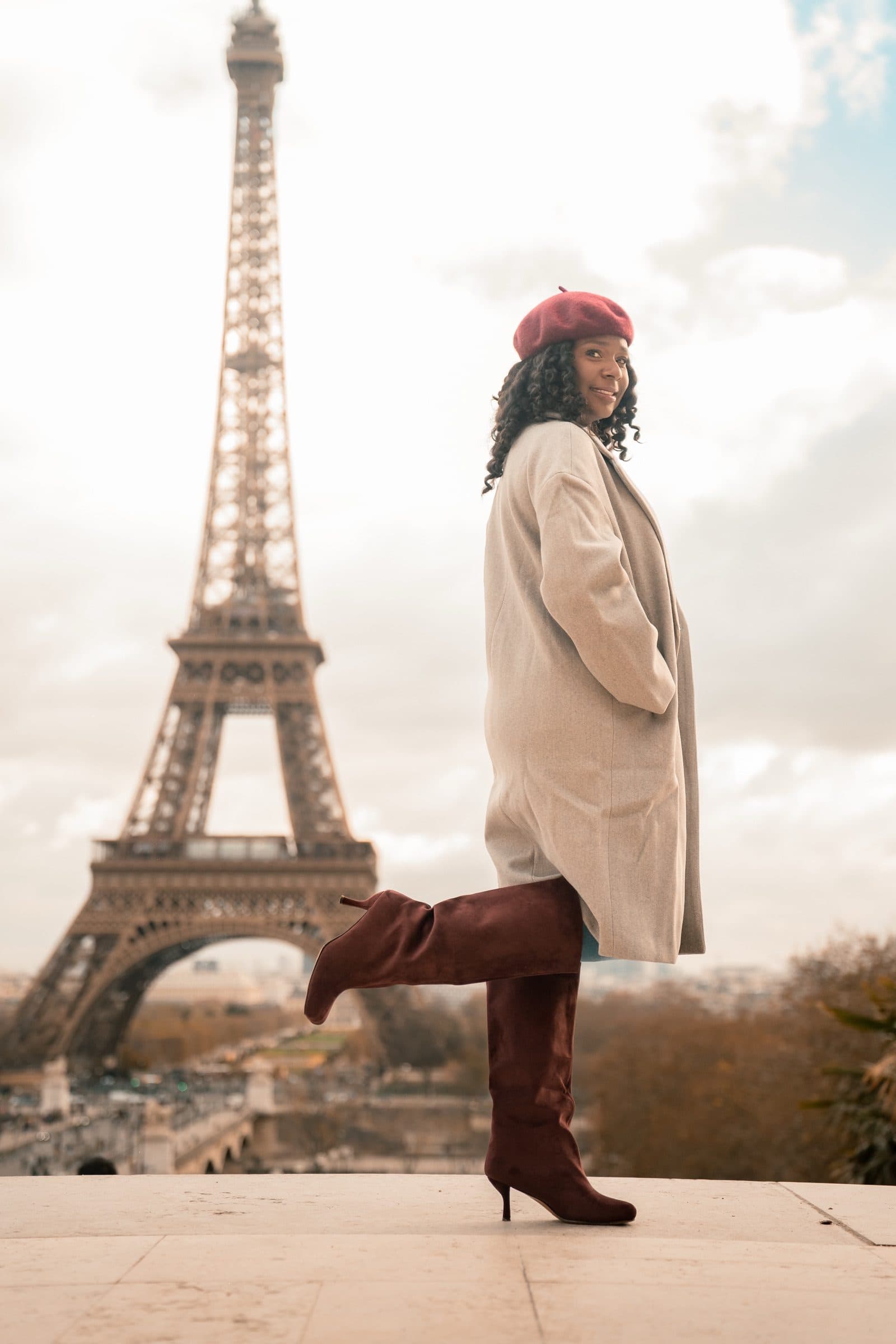 A solo traveller in portrait, at Trocadéro