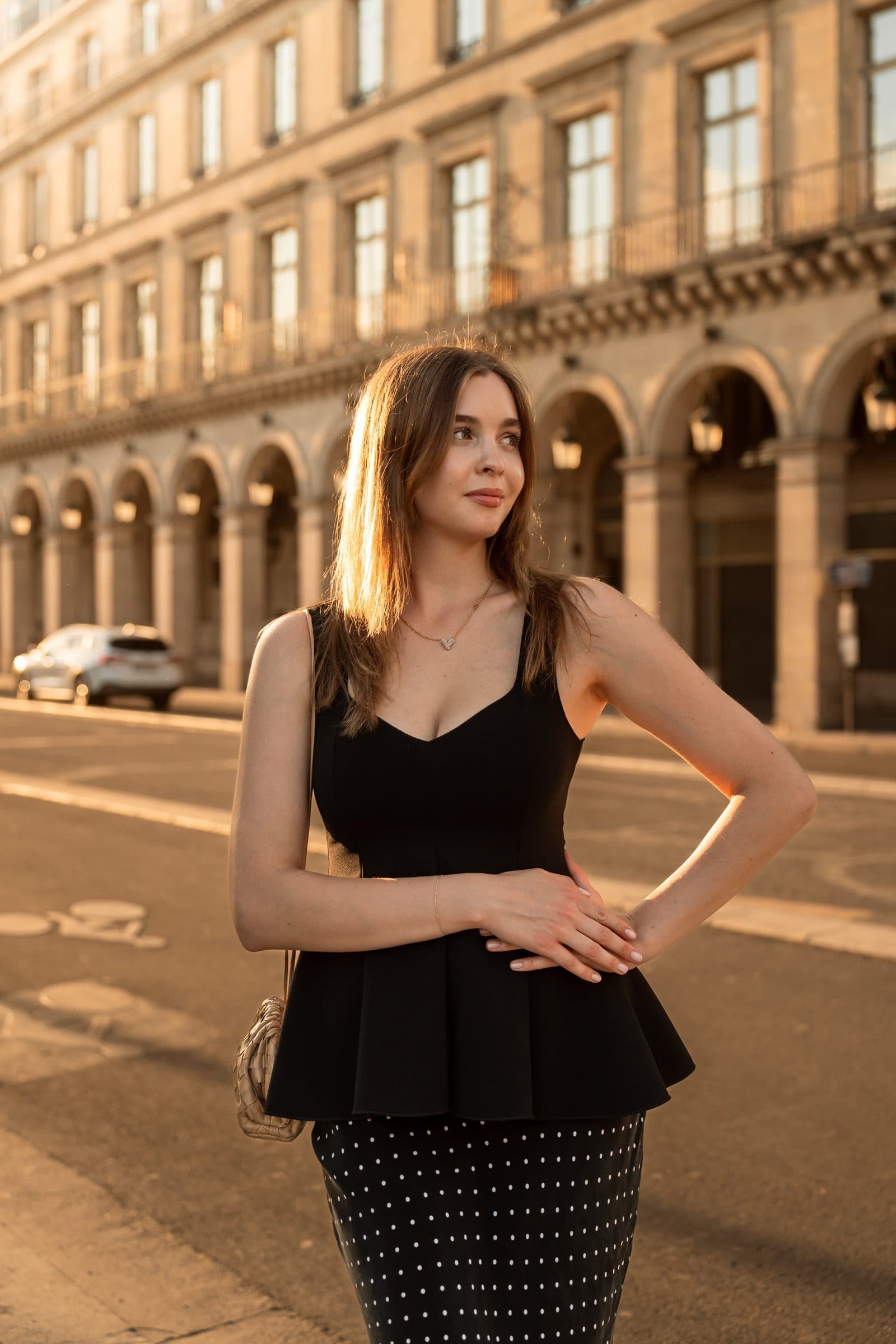 A solo traveller photographed at golden hour, at the Tuileries